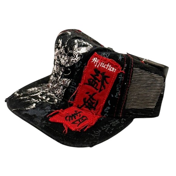 Affliction Black and Red Asian Viking Embroidered Trucker Cap Leather Brim NWT - Picture 1 of 9